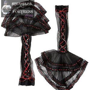 BLACK FINGERLESS SHEER BELL GLOVES RED LACE UP TRIM OVER ELBOW OPERA LENGTH 80S